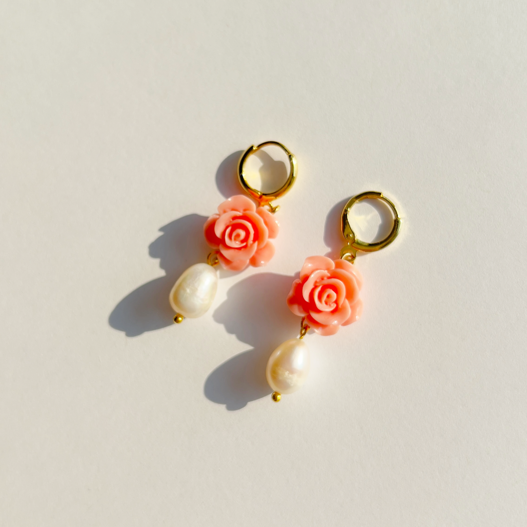 Pink Rose Earrings With Freshwater Pearl | Beaded Earrings