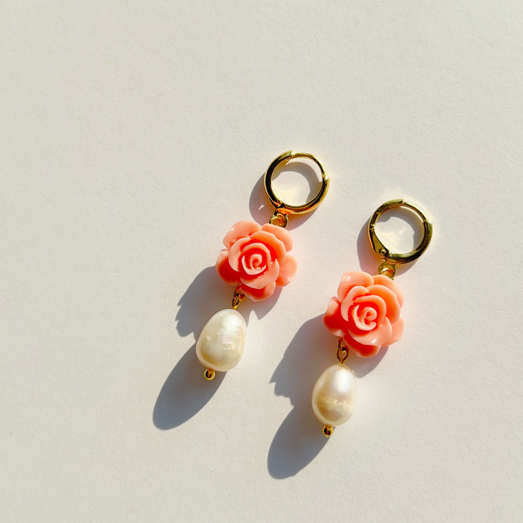 Pink Rose Earrings With Freshwater Pearl | Beaded Earrings