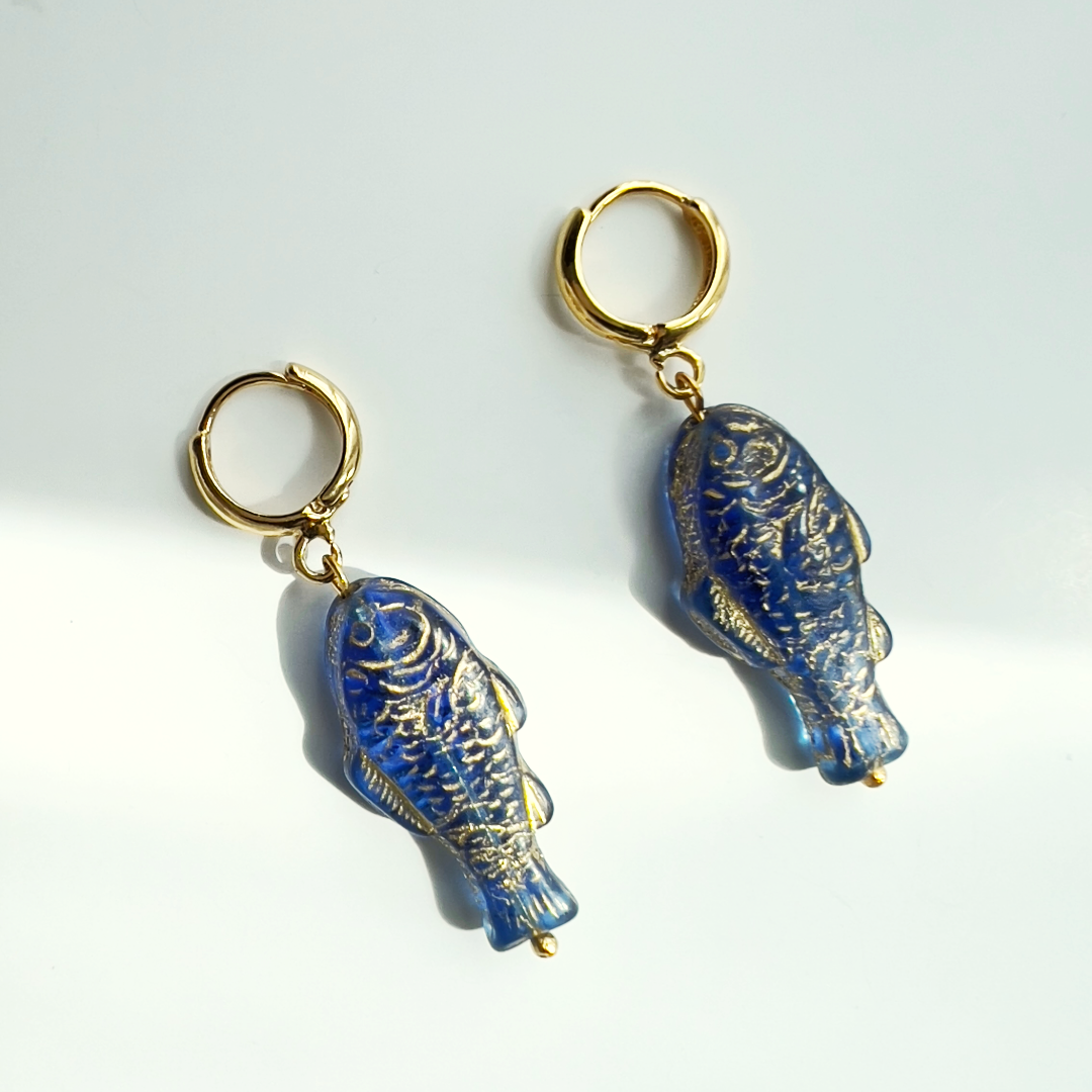 Blue and Gold Fish Sardine Earrings | Glass Bead Earrings