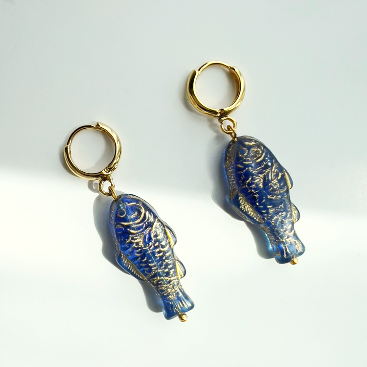 Blue and Gold Fish Sardine Earrings | Glass Bead Earrings