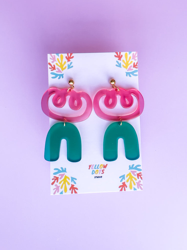 Pink Flower with Green Arch Earrings | Acrylic Earrings