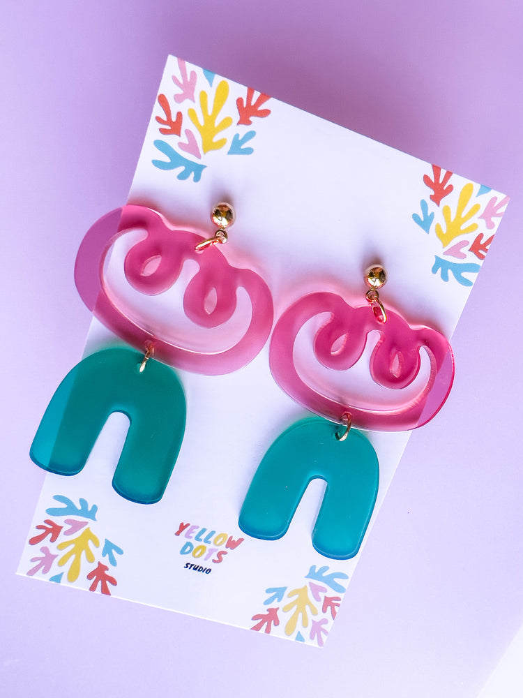 Pink Flower with Green Arch Earrings | Acrylic Earrings