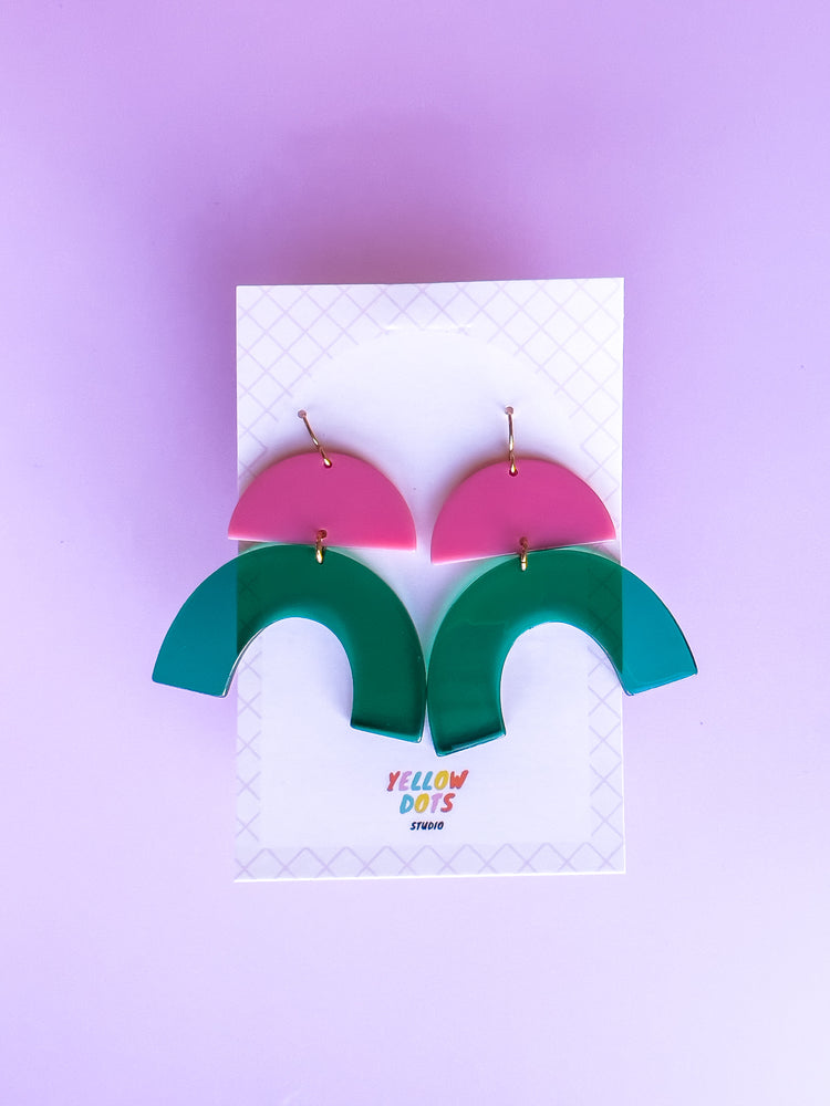 Pink and Green Arch Dangle Earrings | Acrylic Earrings