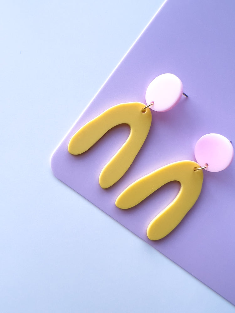 Yellow and Pink Abstract Arch Dangle Earrings | Acrylic Earrings