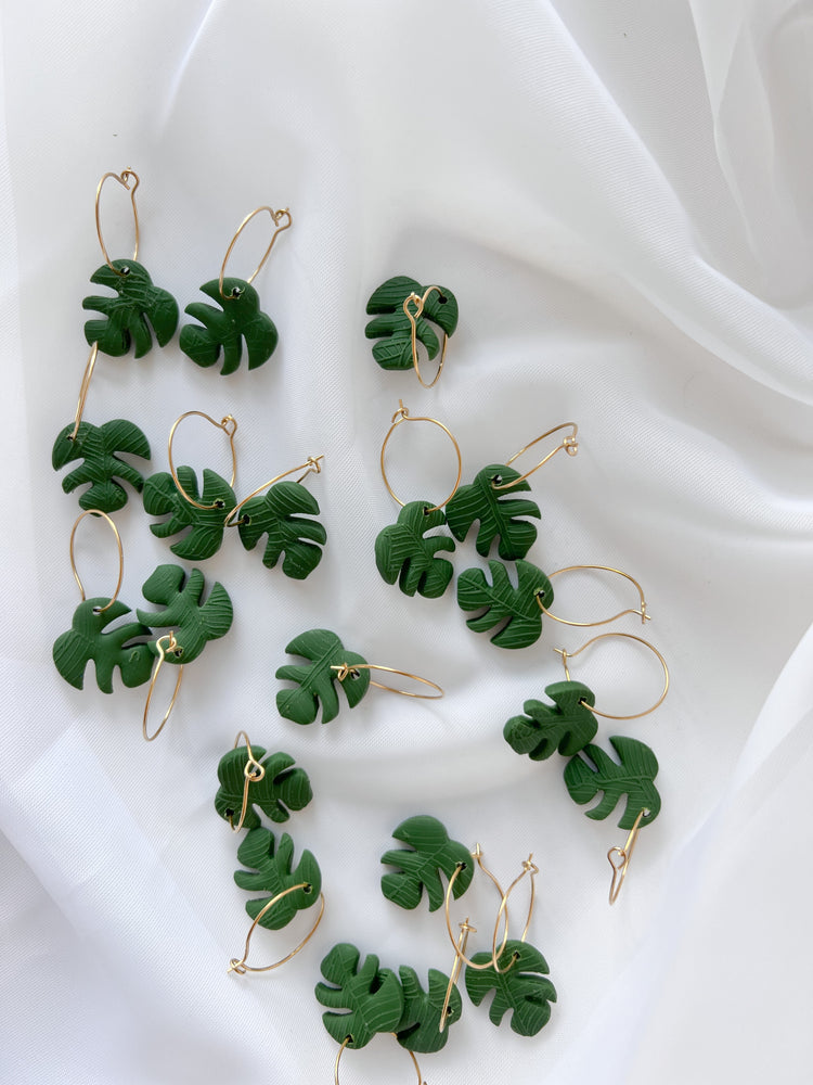 Mini monstera leaf hoop earrings