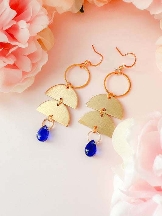 Geometric Brass Earrings with Blue Bead