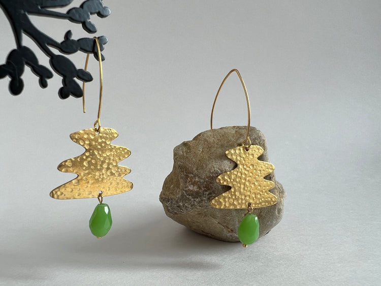 Wavy Earrings with a Green Bead