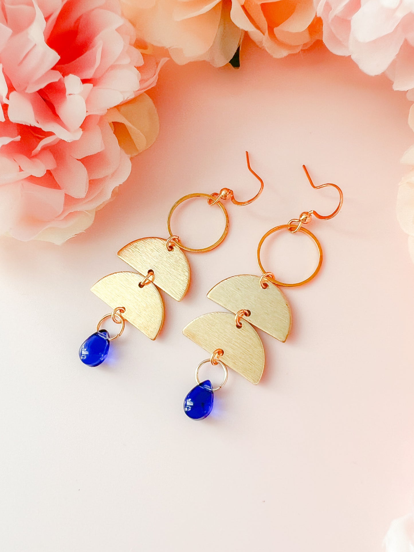 Geometric Brass Earrings with Blue Bead