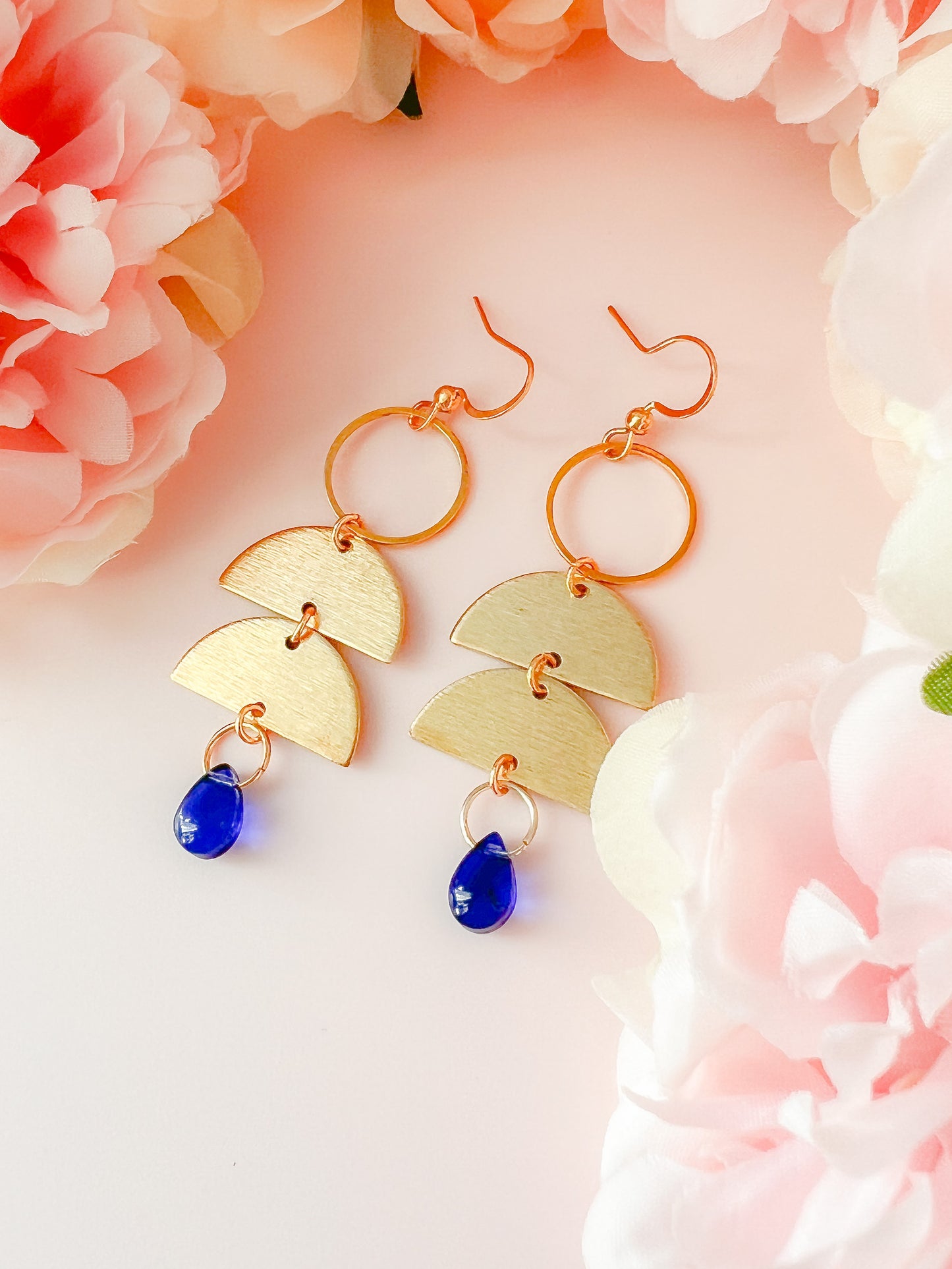 Geometric Brass Earrings with Blue Bead