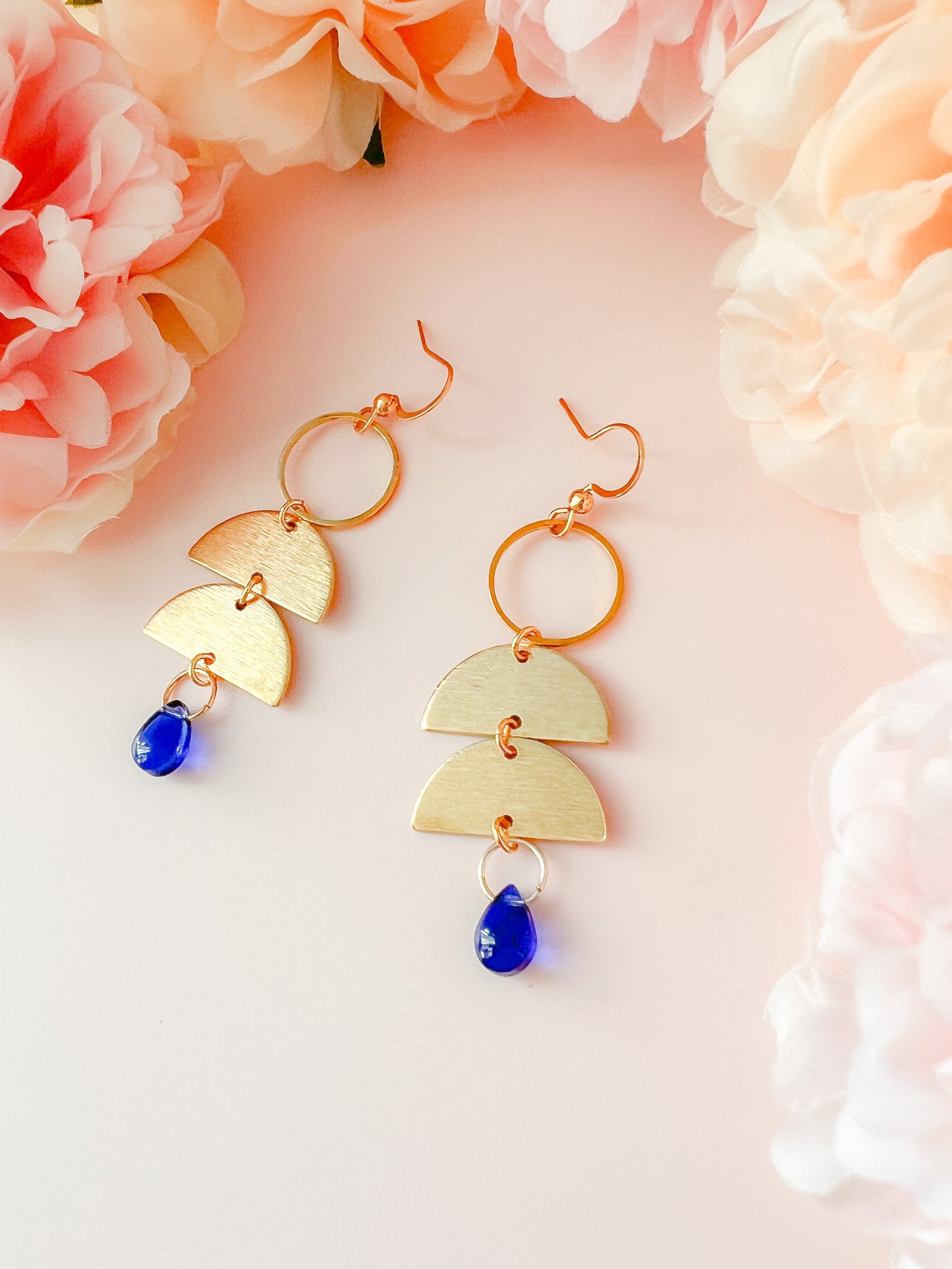 Geometric Brass Earrings with Blue Bead